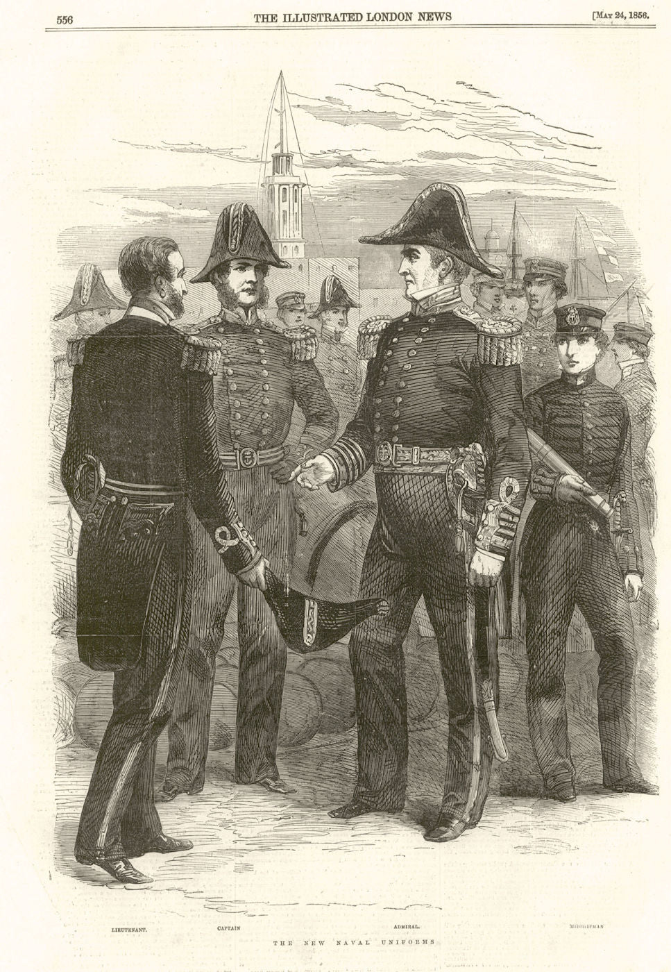 Royal Navy Uniforms. Lieutenant, Captain, Admiral, Midshipman 1856 old print